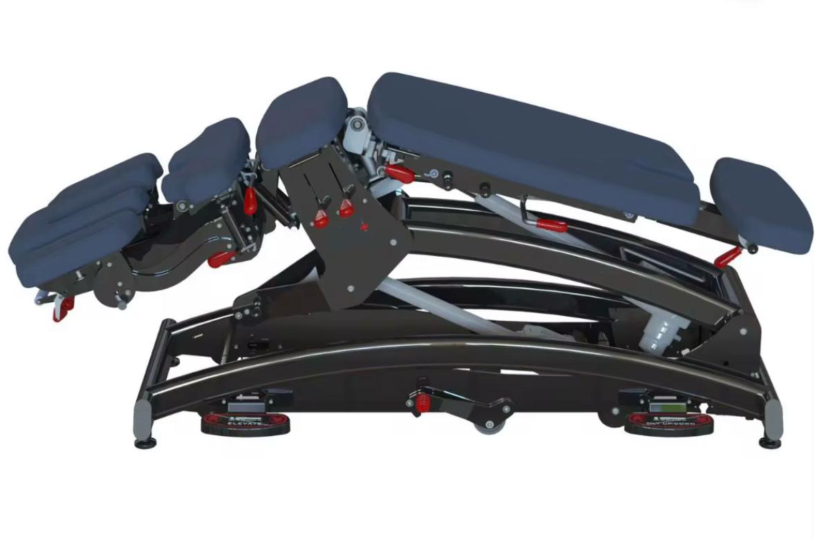 Multi-section electric operating table with articulated blue cushions