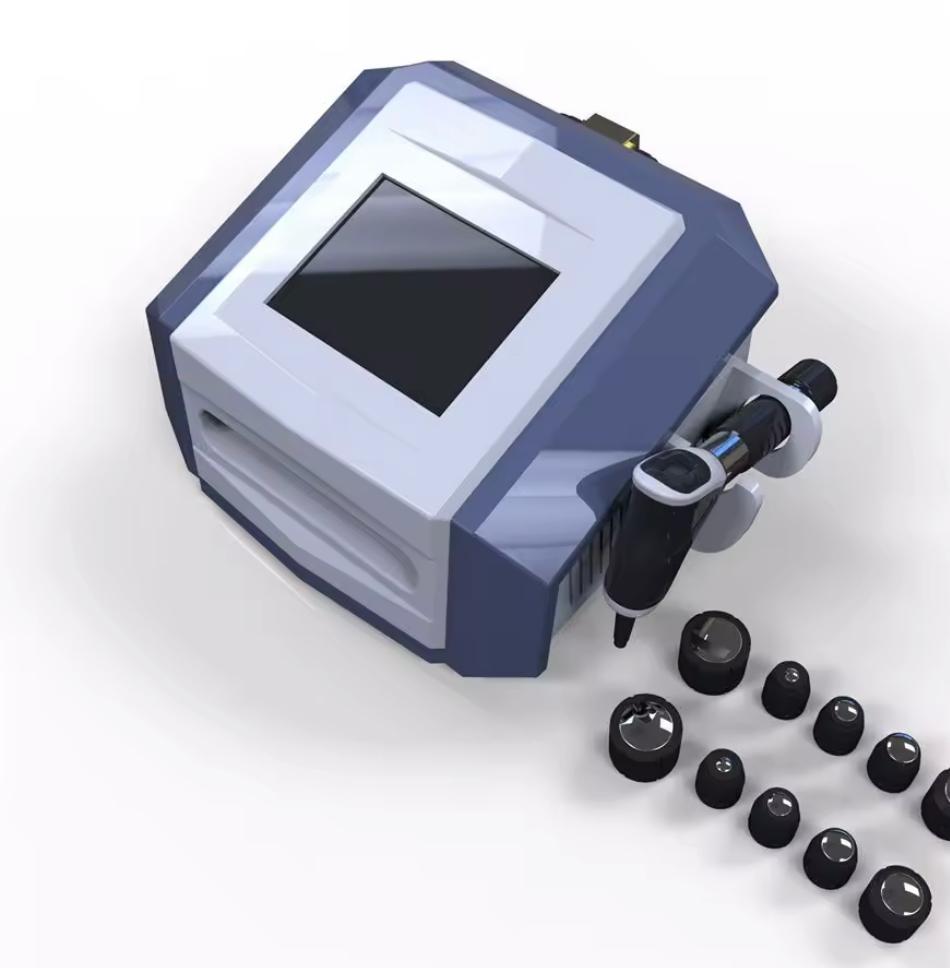 Portable shockwave therapy machine with handpiece and transmitter heads