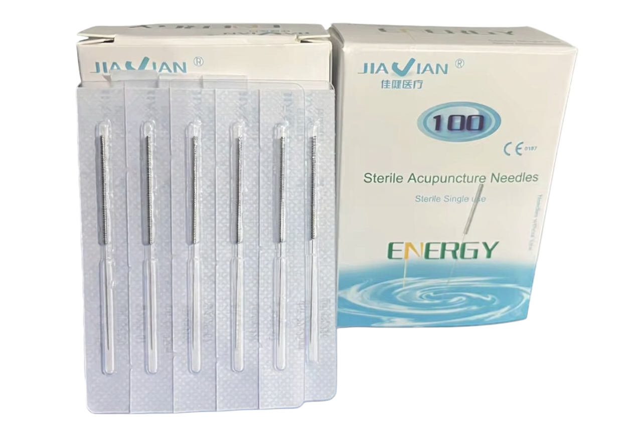 Box of 100 sterile single-use acupuncture needles with guide tubes