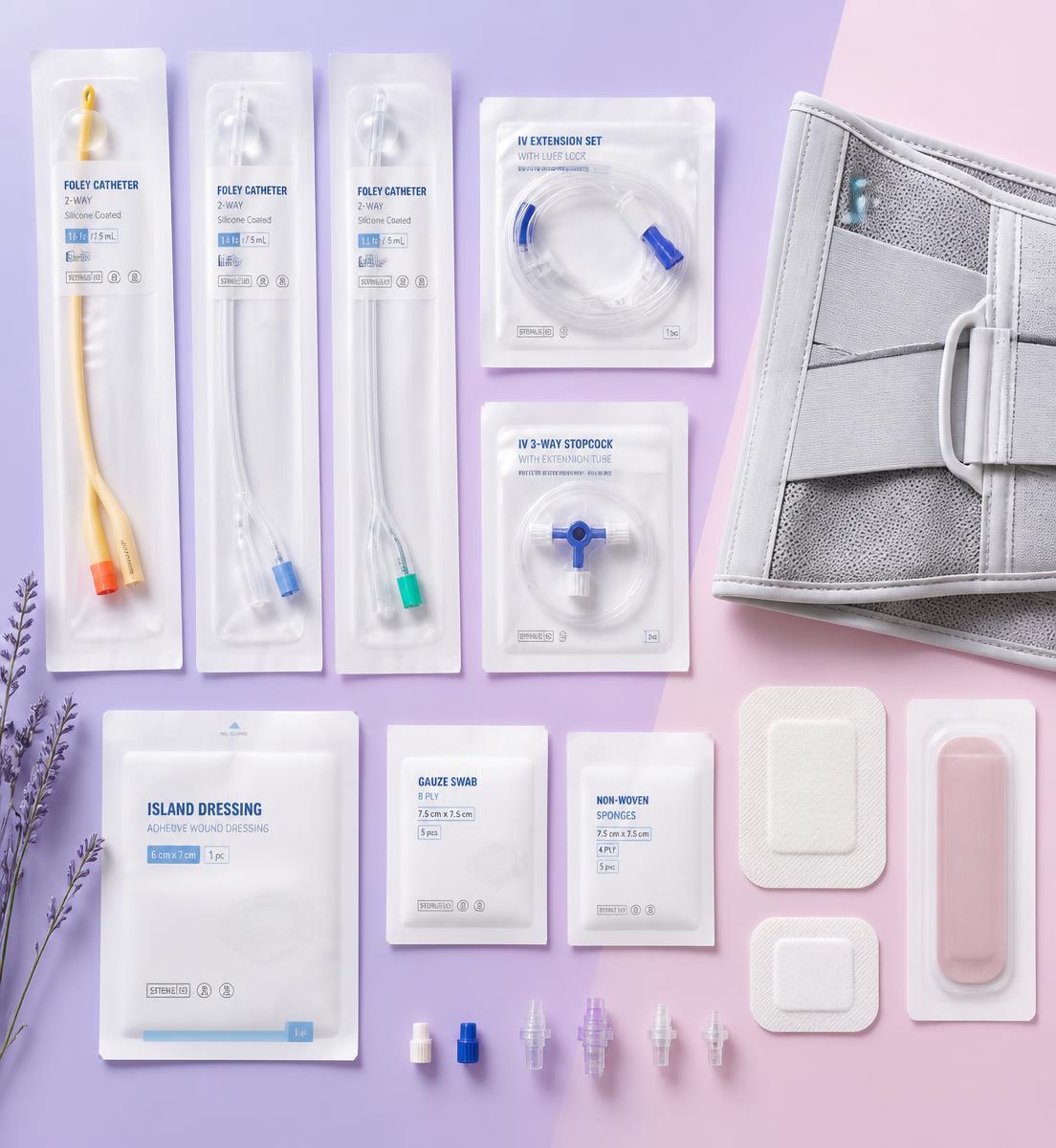 Sterile catheters, infusion sets, wound dressings and a spinal brace supplied by Rhopi
