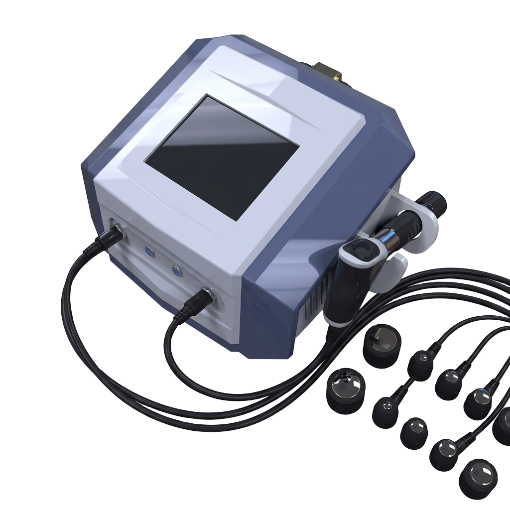 Portable shockwave therapy machine with handpiece and transmitter heads